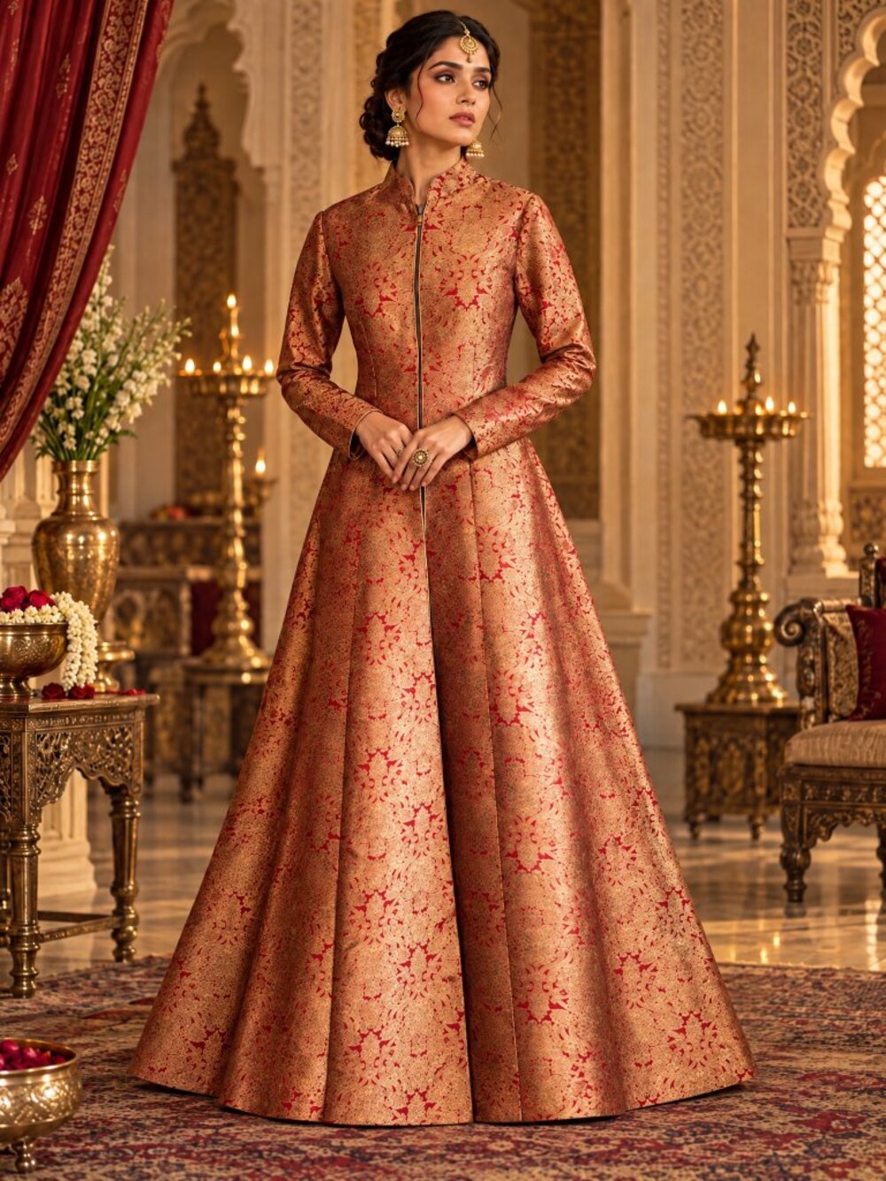 Red Gold Banarasi Brocade Indo Western Gown | Achkan Anarkali Sherwani Dress